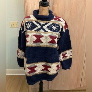 Vintage 100% Wool Made in Peru Hand Knit Aztec Pattern Sweater navy blue 60’s
